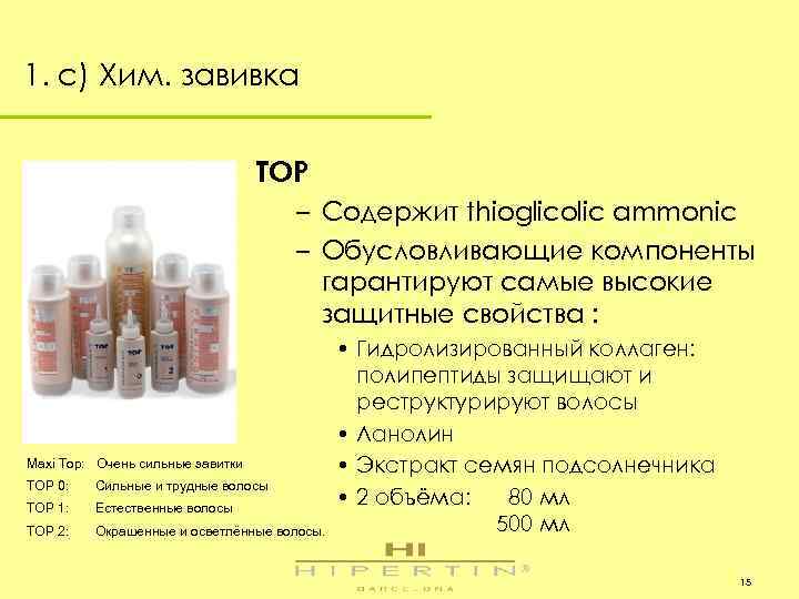 1. c) Хим. завивка TOP – Содержит thioglicolic ammonic – Обусловливающие компоненты гарантируют самые