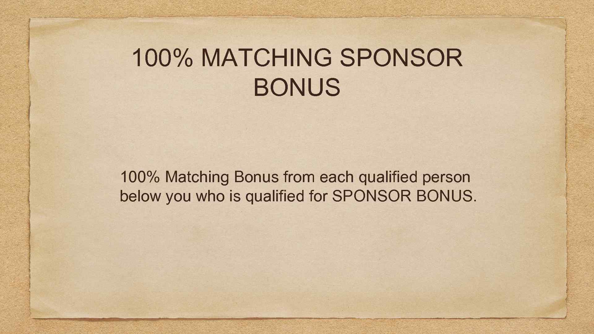 100% MATCHING SPONSOR BONUS 100% Matching Bonus from each qualified person below you who