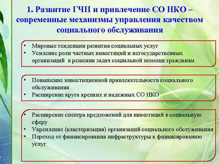 1. Развитие ГЧП и привлечение СО НКО – современные механизмы управления качеством социального обслуживания