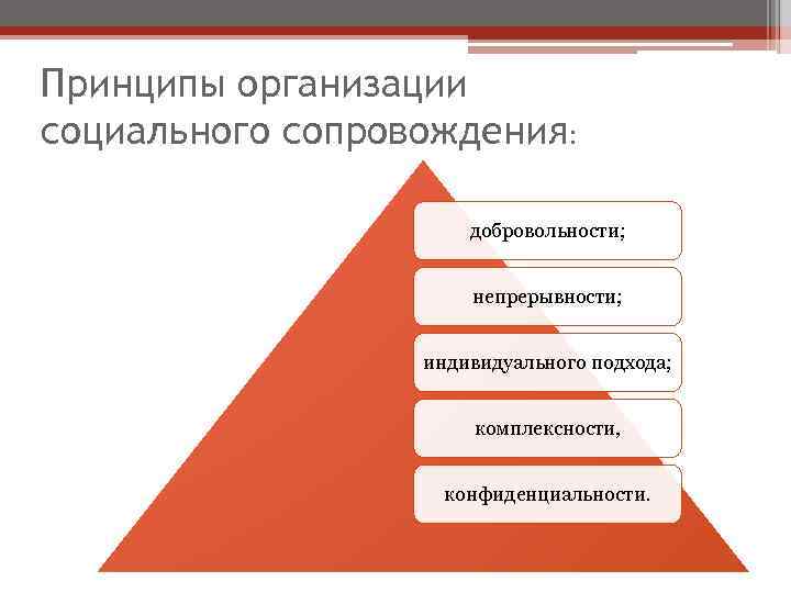 Принципы организации социального сопровождения: добровольности; непрерывности; индивидуального подхода; комплексности, конфиденциальности. 