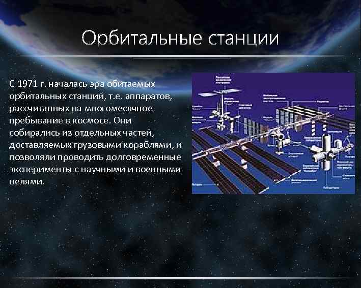 С 1971 г. началась эра обитаемых орбитальных станций, т. е. аппаратов, рассчитанных на многомесячное