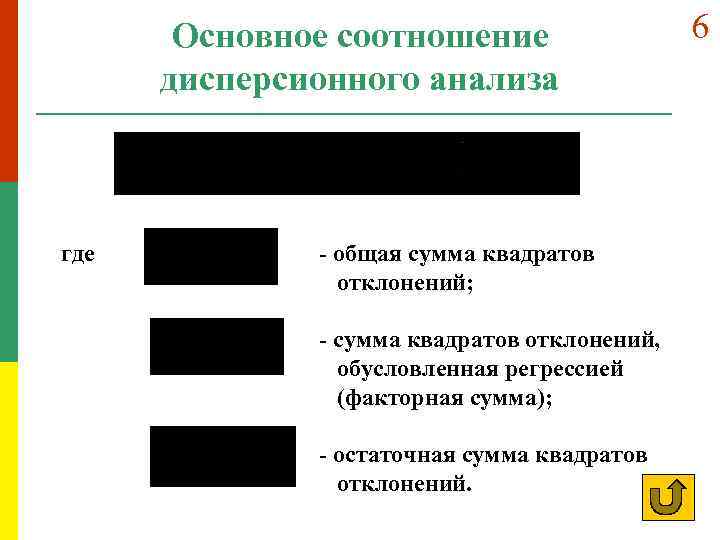 Основное соотношение дисперсионного анализа где - общая сумма квадратов отклонений; - сумма квадратов отклонений,