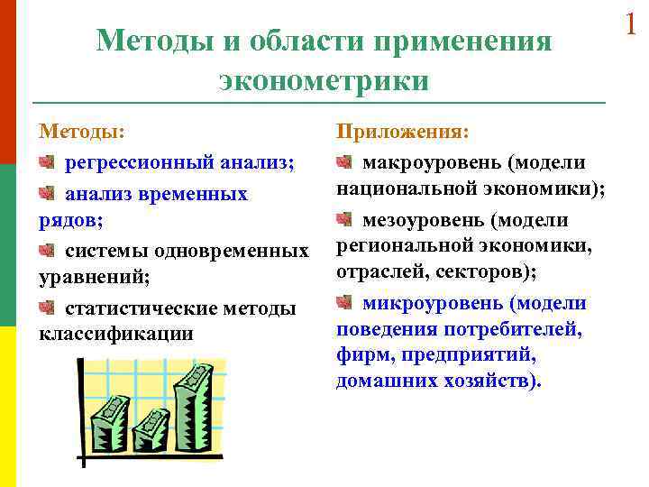 Методы и области применения эконометрики Методы: регрессионный анализ; анализ временных рядов; системы одновременных уравнений;