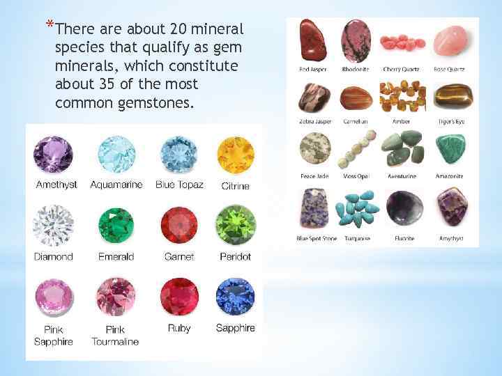 *There about 20 mineral species that qualify as gem minerals, which constitute about 35