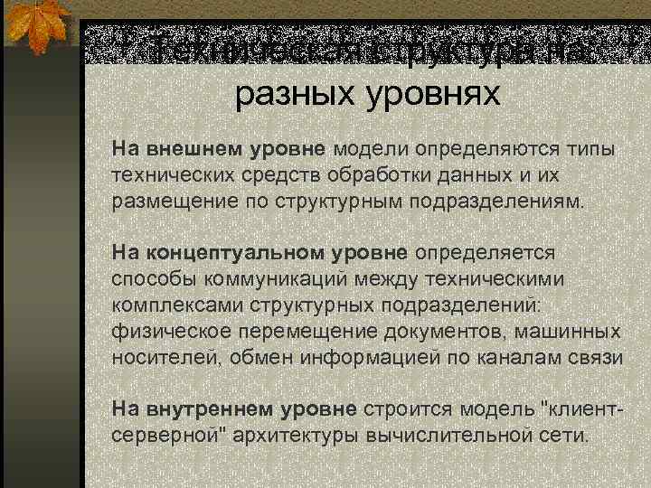 Техническая структура на разных уровнях На внешнем уровне модели определяются типы технических средств обработки