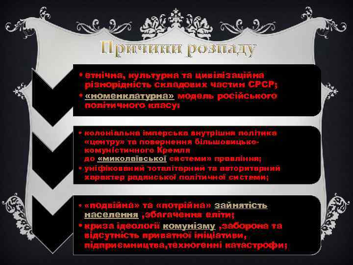 Причини розпаду • етнічна, культурна та цивілізаційна різнорідність складових частин СРСР; • «номенклатурна» модель