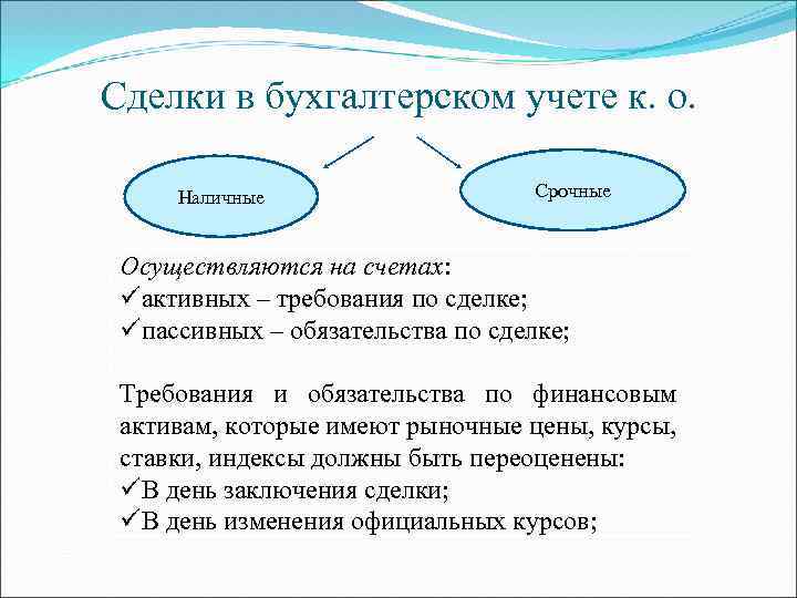 Сделки в бухгалтерском учете к. о. Наличные Срочные Осуществляются на счетах: üактивных – требования