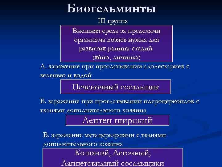 Биогельминты III группа Внешняя среда за пределами организма хозяев нужна для развития ранних стадий