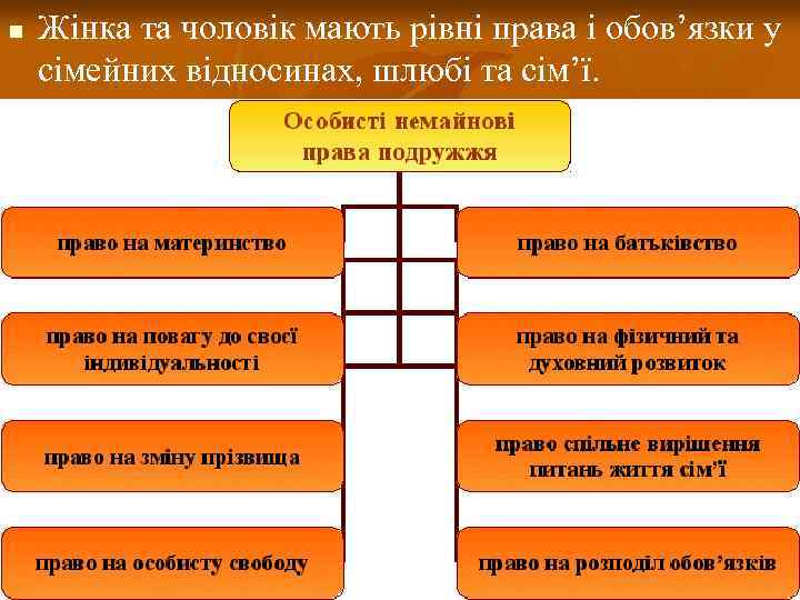 n Жінка та чоловік мають рівні права і обов’язки у сімейних відносинах, шлюбі та
