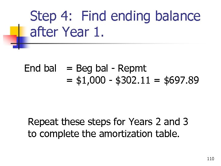 Step 4: Find ending balance after Year 1. End bal = Beg bal -