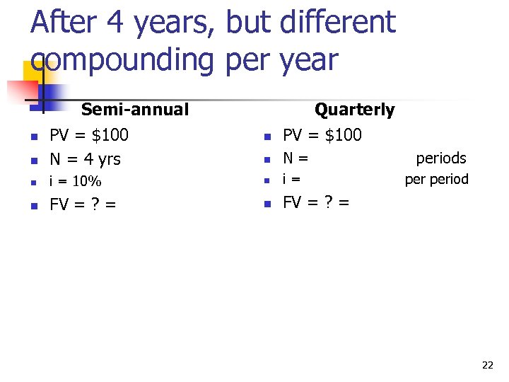 After 4 years, but different compounding per year Semi-annual Quarterly n PV = $100