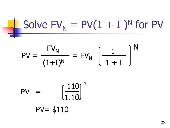 Solve FVN = PV(1 + I )N for PV PV = FVN (1+I)N 110