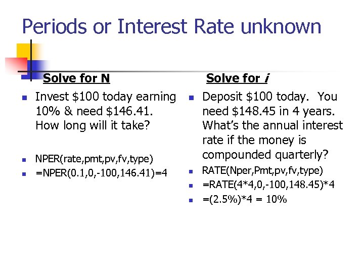 Periods or Interest Rate unknown Solve for i Solve for N n n n