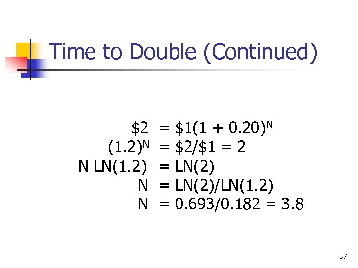 Time to Double (Continued) $2 (1. 2)N N LN(1. 2) N N = =