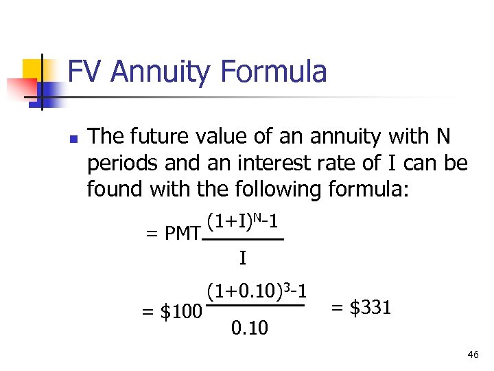 FV Annuity Formula n The future value of an annuity with N periods and
