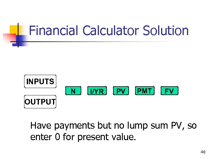 Financial Calculator Solution INPUTS N I/YR PV PMT FV OUTPUT Have payments but no