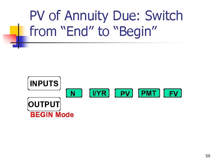 PV of Annuity Due: Switch from “End” to “Begin” INPUTS N I/YR PV PMT