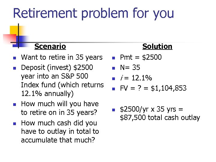 Retirement problem for you Scenario n n Want to retire in 35 years Deposit