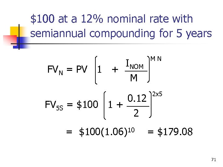 $100 at a 12% nominal rate with semiannual compounding for 5 years INOM FVN