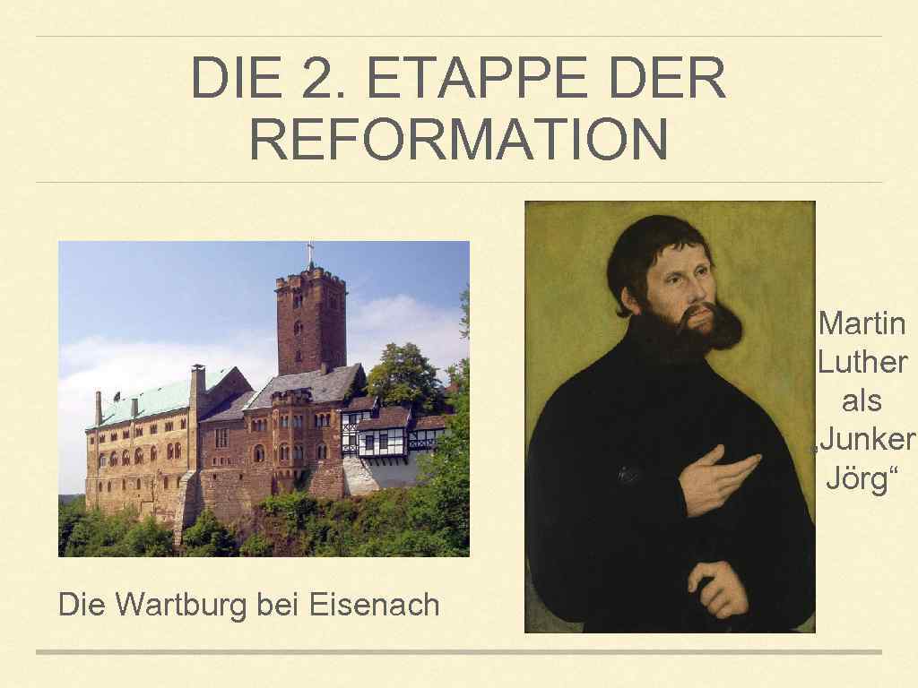 DIE 2. ETAPPE DER REFORMATION Martin Luther als „Junker Jörg“ Die Wartburg bei Eisenach