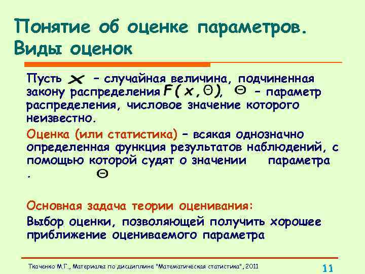 Понятие об оценке параметров. Виды оценок Пусть – случайная величина, подчиненная закону распределения ,