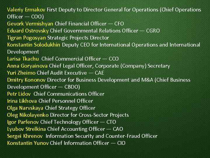 Valeriy Ermakov First Deputy to Director General for Operations (Chief Operations Officer — COO)