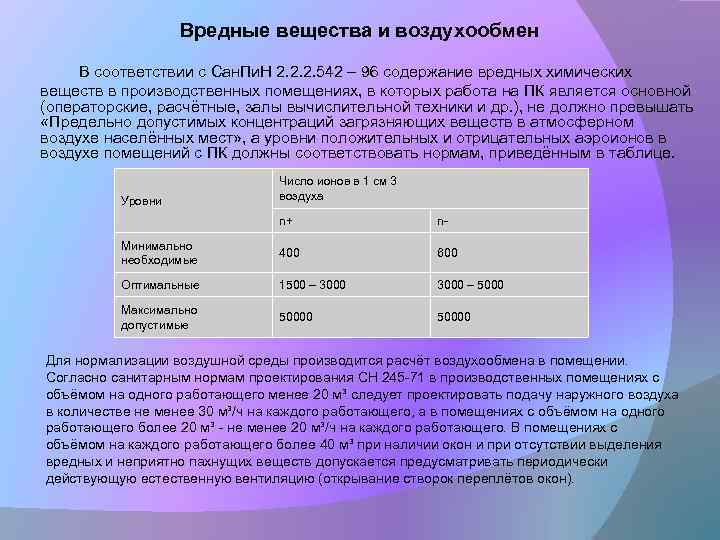 Вредные вещества и воздухообмен В соответствии с Сан. Пи. Н 2. 2. 2. 542