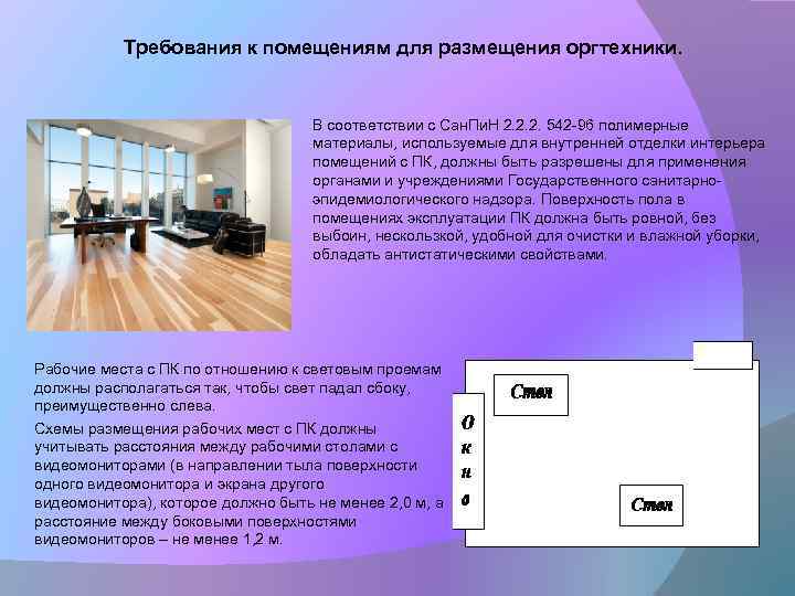 Требования к помещениям для размещения оргтехники. В соответствии с Сан. Пи. Н 2. 2.