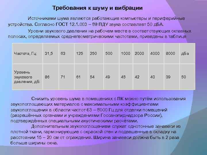 Требования к шуму и вибрации Источниками шума являются работающие компьютеры и периферийные устройства. Согласно