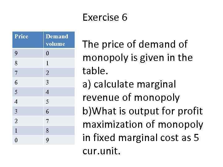 Exercise 6 Price Demand volume 9 0 8 1 7 2 6 3 5