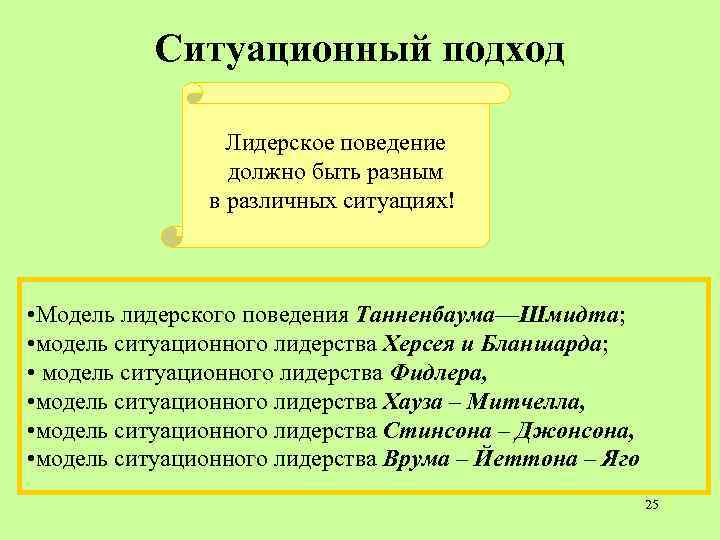 Ситуационный подход Лидерское поведение должно быть разным в различных ситуациях! • Модель лидерского поведения