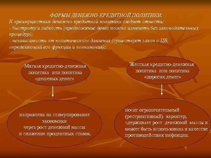 ФОРМЫ ДЕНЕЖНО-КРЕДИТНОЙ ПОЛИТИКИ. К преимуществам денежно-кредитной политики следует отнести: - быстроту и гибкость (предложение