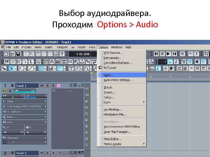 Выбор аудиодрайвера. Проходим Options > Audio 