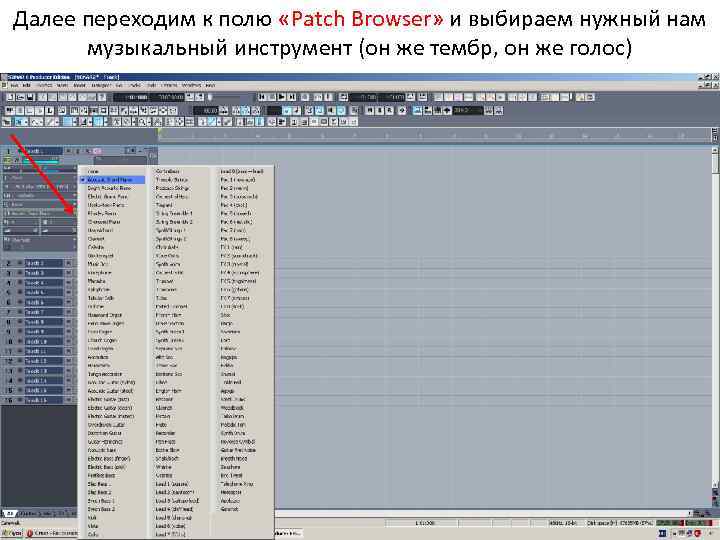 Далее переходим к полю «Patch Browser» и выбираем нужный нам музыкальный инструмент (он же