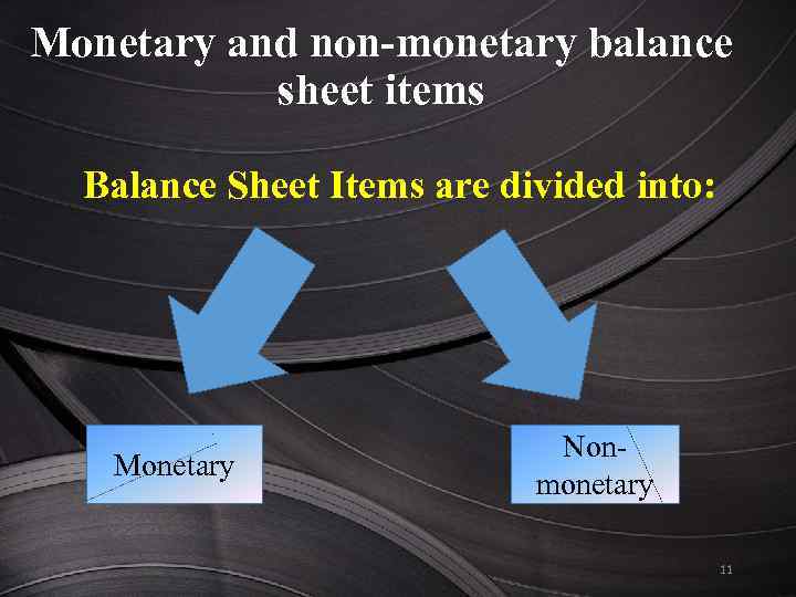 Monetary and non-monetary balance sheet items Balance Sheet Items are divided into: Monetary Nonmonetary