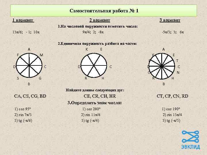 Самостоятельная работа № 1 1 вариант 2 вариант 1. На числовой окружности отметить числа: