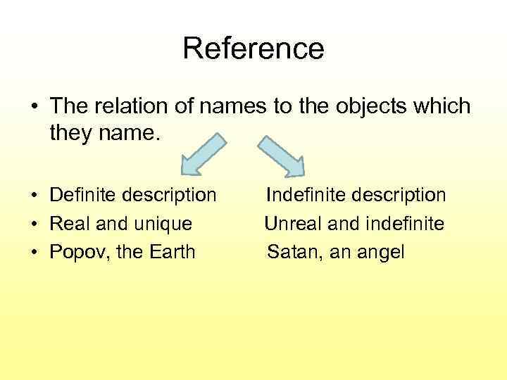 Reference • The relation of names to the objects which they name. • Definite