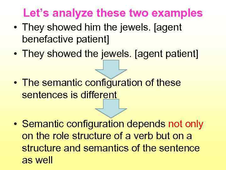 Let’s analyze these two examples • They showed him the jewels. [agent benefactive patient]