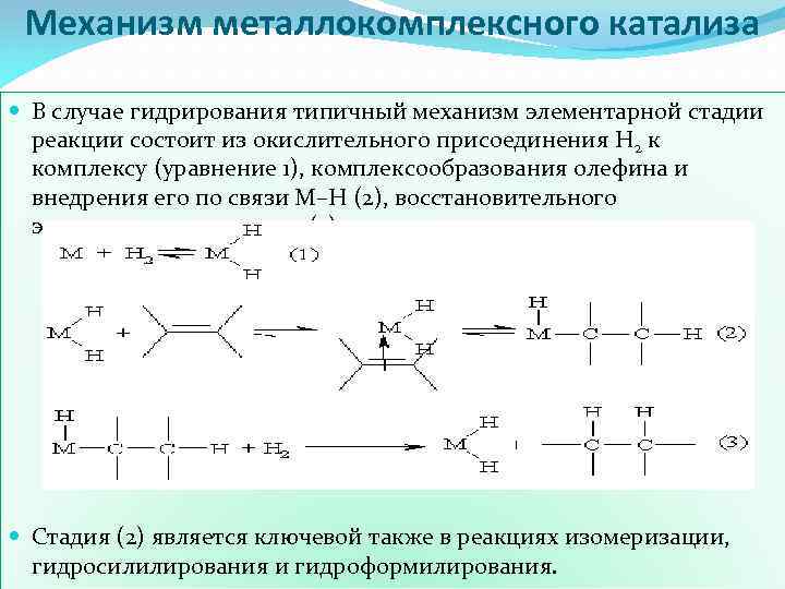 Механизм металлокомплексного катализа В случае гидрирования типичный механизм элементарной стадии реакции состоит из окислительного