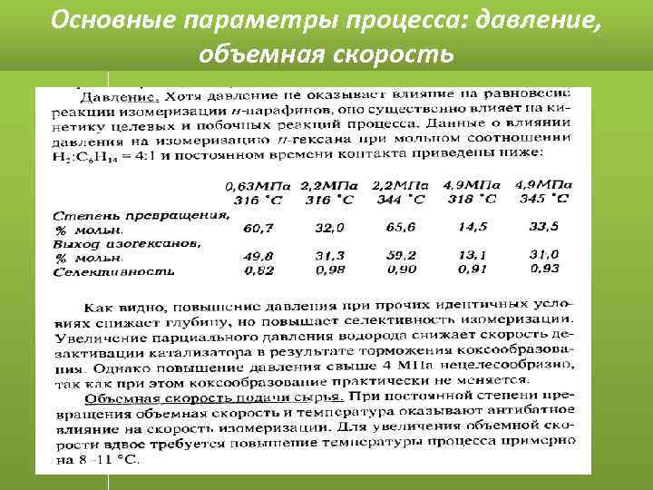 Основные параметры процесса: давление, объемная скорость 