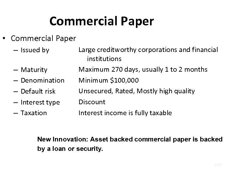 Commercial Paper • Commercial Paper – Issued by – – – Maturity Denomination Default