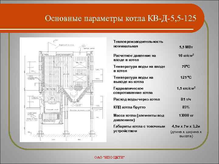 Основные параметры котла КВ-Д-5, 5 -125 Теплопроизводительность номинальная Расчетное давление на входе в котел