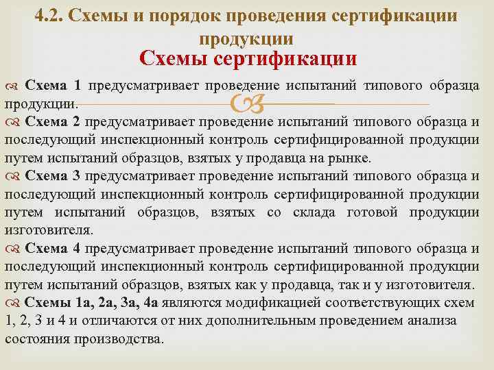 4. 2. Схемы и порядок проведения сертификации продукции Схемы сертификации Схема 1 предусматривает проведение