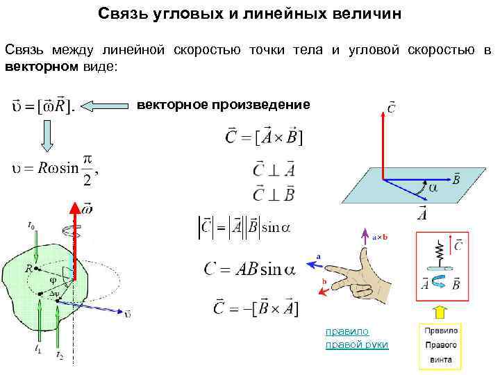 Связь угловых и линейных величин Связь между линейной скоростью точки тела и угловой скоростью