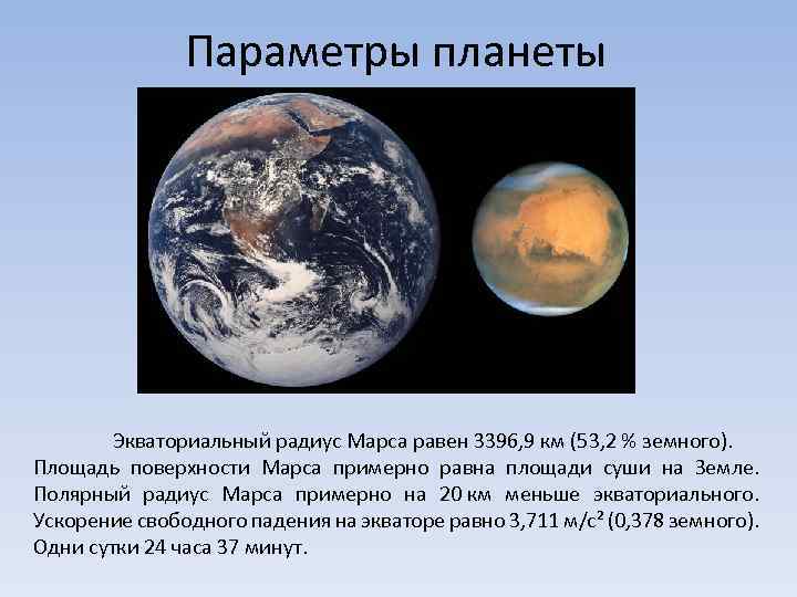 Параметры планеты Экваториальный радиус Марса равен 3396, 9 км (53, 2 % земного). Площадь