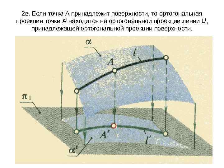 2 в. Если точка А принадлежит поверхности, то ортогональная проекция точки АI находится на