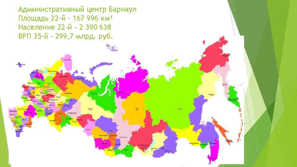 Административный центр Барнаул Площадь 22 -й - 167 996 км² Население 22 -й -
