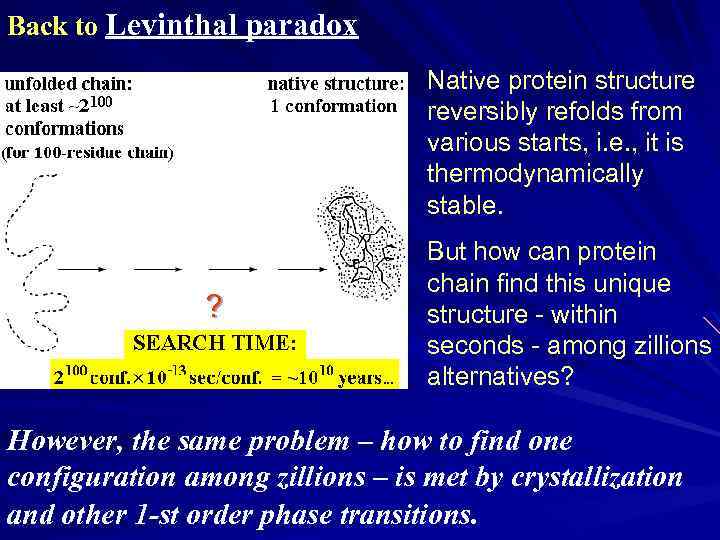 Back to Levinthal paradox Native protein structure reversibly refolds from various starts, i. e.