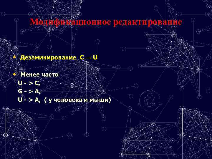 Модификационное редактирование • Дезаминирование C → U • Менее часто U - > C,