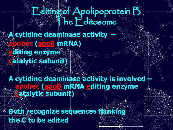 Editing of Apolipoprotein B The Editosome A cytidine deaminase activity – apobec (apo. B